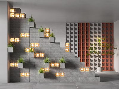 Modern Partition Wall With Geometric Patterns Gray Brown Beside Stairs Lighting And Small Potted Plants 3d model