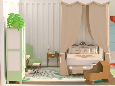 Cartoon Scene With Canopy Bed Green Plant Green Chair Small Table Rug And Brown Bench 3d model