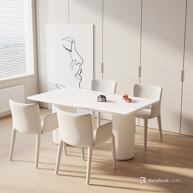 Modern White Dining Table Set With Four Chairs Bright Room Wooden Floor Wall Art 3d model 