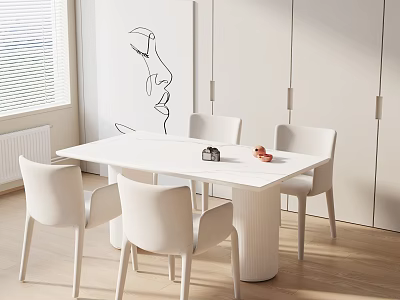 Modern White Dining Table Set With Four Chairs Bright Room Wooden Floor Wall Art 3d model