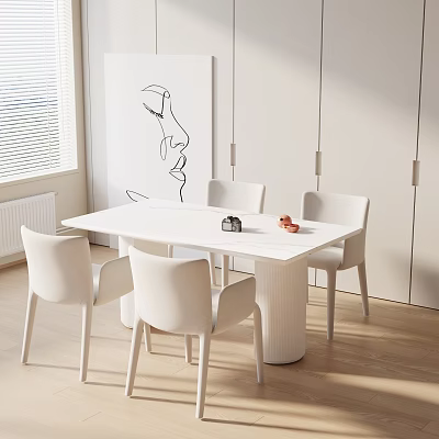Modern White Dining Table Set With Four Chairs Bright Room Wooden Floor Wall Art 3d model