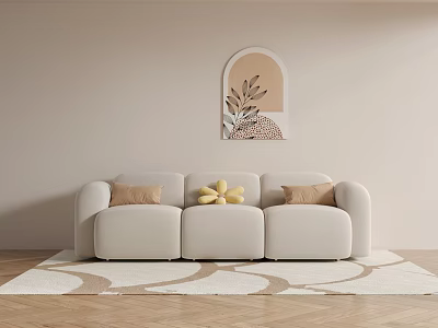 Light Beige Three Seater Sofa With Pillows Arched Wall Art And Curved Pattern Rug 3d model