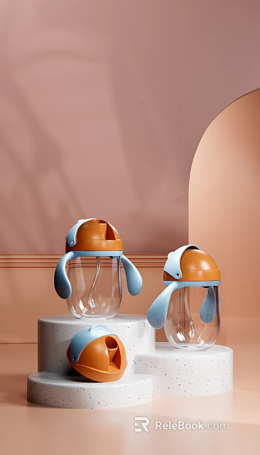 Baby Store Transparent Water Bottles With Blue And Orange Lids Cute Handle Design 3d model 