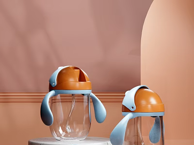 Baby Store Transparent Water Bottles With Blue And Orange Lids Cute Handle Design 3d model