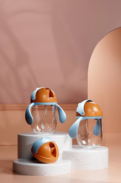 Baby Store Transparent Water Bottles With Blue And Orange Lids Cute Handle Design 3d model