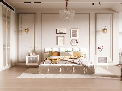 Elegant Bedroom Interior Design With White Walls Framed Artworks Chandelier And Neutral Colored Bed 3d model