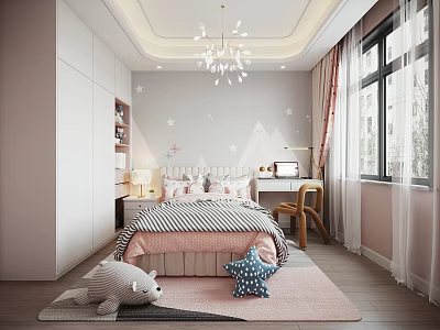 Kids Room Interior With Star Wall Decor Pink Gray Bedding Chandelier And Stuffed Toys 3d model