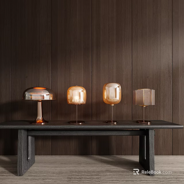Modern Table Lamps On Black Long Table With Dark Wooden Wall Background 3d model 
