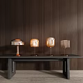 Modern Table Lamps On Black Long Table With Dark Wooden Wall Background