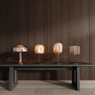 Modern Table Lamps On Black Long Table With Dark Wooden Wall Background 3d model