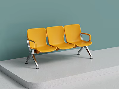 Yellow Three Seater Public Chair with Metal Armrests against Light Green Wall on Gray Platform 3d model