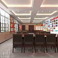 Bright Spacious Party Building Meeting Room With Neat Wooden Chairs And Cultural Display Walls