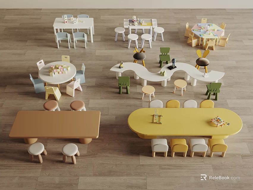 Colorful Kids Tables With Various Shapes And Matching Stools For Children 3d model 