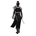 A Woman In Dark Ornate Outfit Holding A Sword Standing Upright