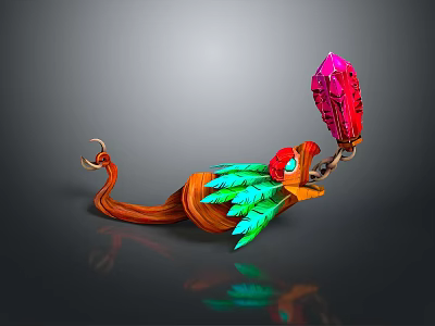 3D Game Fantasy Character Brown Body Green Feathery Red Head Blue Eyes Holding Pink Crystal 3d model