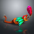3D Game Fantasy Character Brown Body Green Feathery Red Head Blue Eyes Holding Pink Crystal