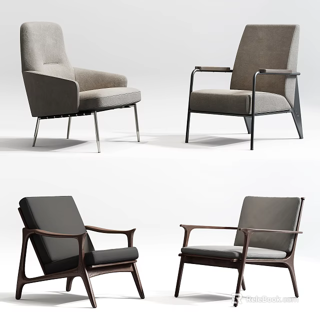 Modern Accent Chairs With Metal And Wooden Legs Upholstered In Gray Black Colors 3d model 