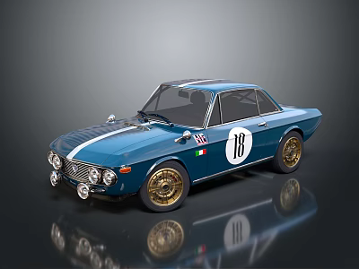 Blue Vintage Race Car With White Stripe Number 18 Italian Flag Badge And Gold Wheels 3d model
