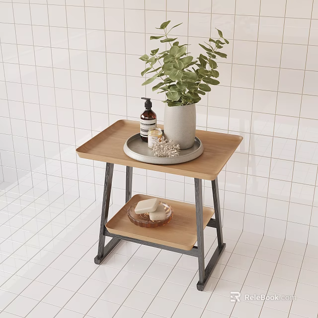 Minimalist Bathroom Side Table With Wooden Top Metal Frame Green Plant And Soap Bar 3d model 