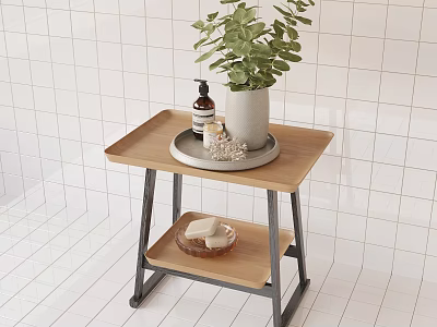 Minimalist Bathroom Side Table With Wooden Top Metal Frame Green Plant And Soap Bar 3d model