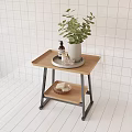 Minimalist Bathroom Side Table With Wooden Top Metal Frame Green Plant And Soap Bar