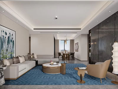 Modern Elegant Living Dining Room Interior Design With Blue Rug Sofa Dining Table And Artwork 3d model