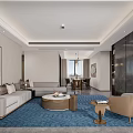 Modern Elegant Living Dining Room Interior Design With Blue Rug Sofa Dining Table And Artwork