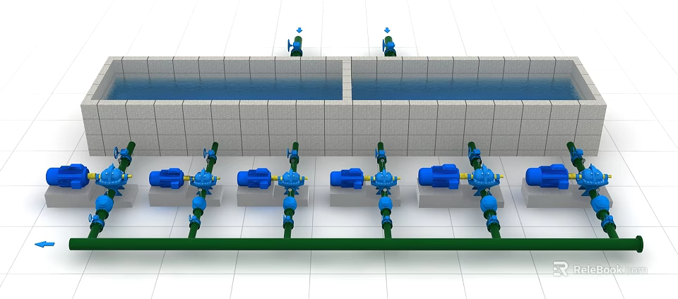 Industrial Pipeline System With Blue Valves And Pumps In Mechanical Layout 3d model 