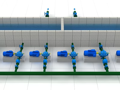 Industrial Pipeline System With Blue Valves And Pumps In Mechanical Layout 3d model