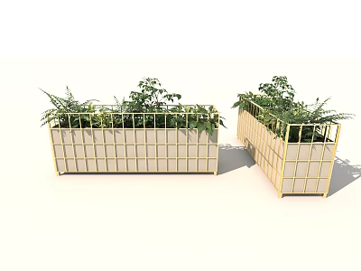 Garden Landscape Design With Gold Metal Grid Planters And Green Plants 3d model