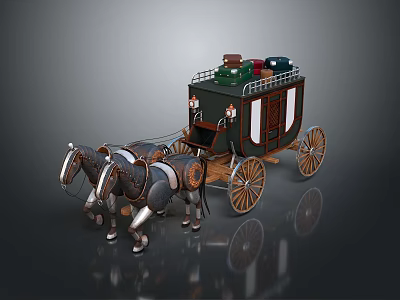 Horse Drawn Carriage Pulled by Two Horses With Wooden Wheels and Luggage On Top 3d model