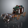 Horse Drawn Carriage Pulled by Two Horses With Wooden Wheels and Luggage On Top