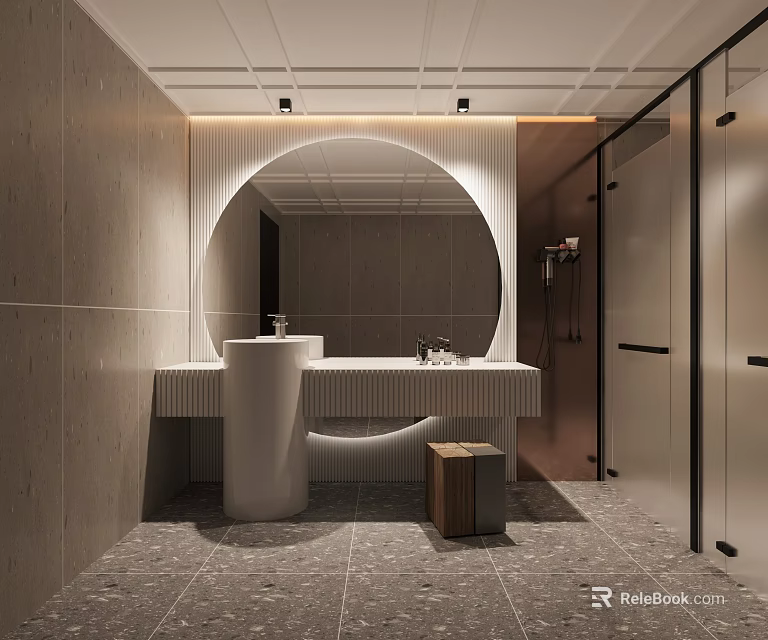 Modern Bathroom Interior Design With Round Mirror Sink Counter And Shower Area 3d model 