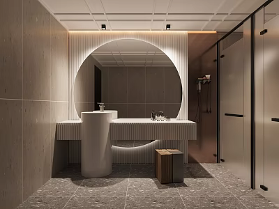 Modern Bathroom Interior Design With Round Mirror Sink Counter And Shower Area 3d model