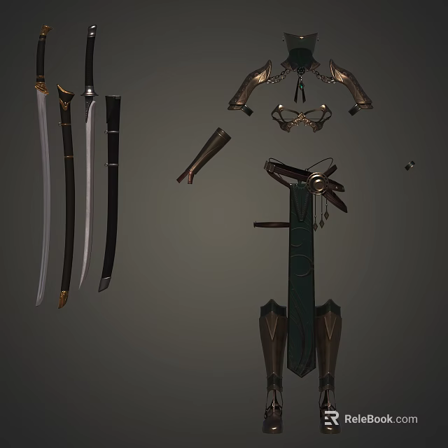 Varied Medieval Weapons Set Featuring Long Short Swords Leather Arm Guards And Ornate Sheath 3d model 
