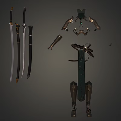 Varied Medieval Weapons Set Featuring Long Short Swords Leather Arm Guards And Ornate Sheath 3d model