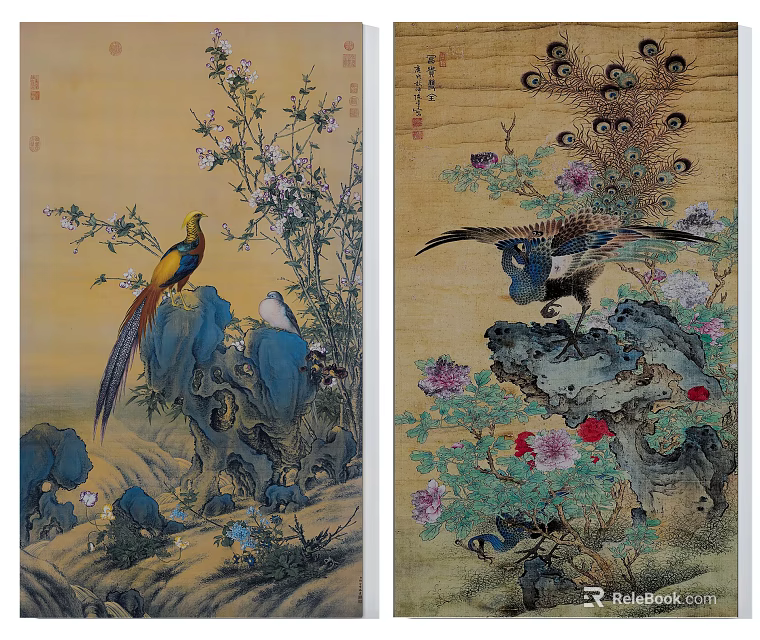 Classic Chinese Traditional Animal Painting With Golden Pheasant Peacock Beautiful Flowers And Mountain Rocks 3d model 