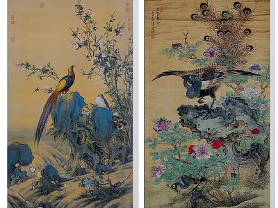 Classic Chinese Traditional Animal Painting With Golden Pheasant Peacock Beautiful Flowers And Mountain Rocks 3d model