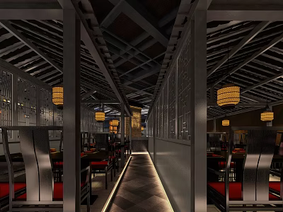 Traditional Chinese Restaurant Interior With Wooden Ceiling Hanging Lanterns And Red Seats 3d model