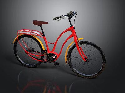 Classic Red Bicycle Featuring Brown Seat Yellow Fenders And Black Wheels 3d model