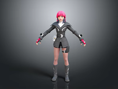 3D Anime Character With Pink Hair Gray Outfit Black Boots Standing Posture 3d model