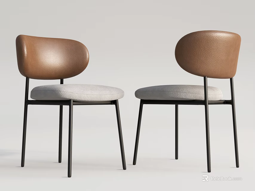 Modern Dining Chairs With Brown Leather Back Grey Fabric Seat And Black Metal Legs 3d model 