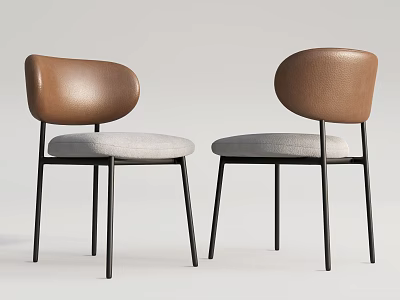 Modern Dining Chairs With Brown Leather Back Grey Fabric Seat And Black Metal Legs 3d model