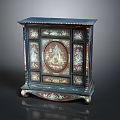 Traditional Dark Cabinet With Intricate Carved Motifs And Decorative Legs