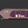 Cartoon Scene of Pink Mobile House With Transparent Windows Green Borders and Interior Furniture