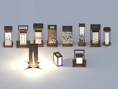 Assorted Styles Of Outdoor Lights With Decorative Patterns And Metal Frames 3d model