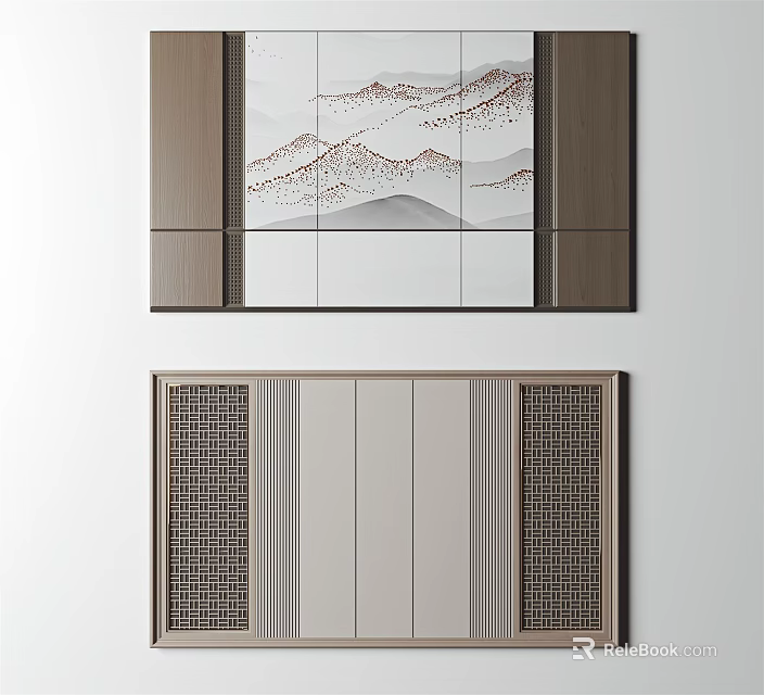 Modern Chinese Background Walls With Landscape And Grid Designs 3d model 
