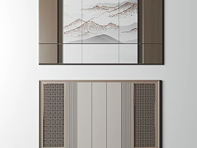 Modern Chinese Background Walls With Landscape And Grid Designs 3d model