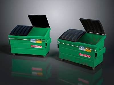 Two Green Waste Trash Bins with Open Lids and Warning Labels 3d model