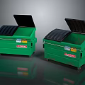 Two Green Waste Trash Bins with Open Lids and Warning Labels 3d model